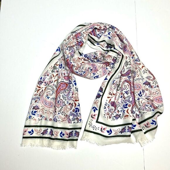 NWT Talbots Oblong Scarf Viscose Watercolor Paisley White Blue Red 27x72” - Picture 2 of 10